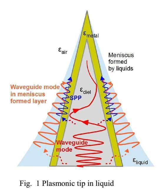 Plasmonic tip in liquid